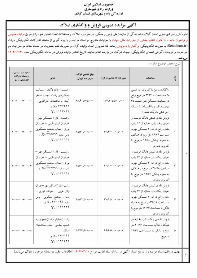 آگهی مزایده عمومی وفروش املاک اداره کل راه و شهرسازی گیلان