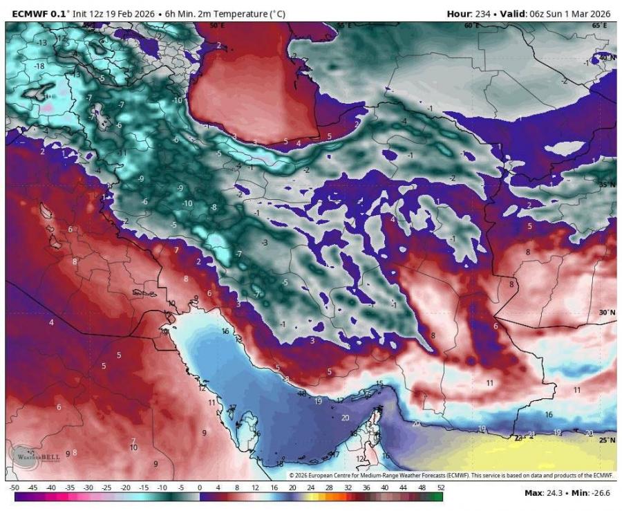 تحلیل روند دمای ایران تا نیمه اسفند