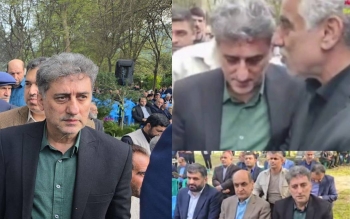 فیلم/رفتارِ عجیب عباسی استاندار سابق گیلان در مراسم ختم مادرش مقابل همدردی فرماندار رودسر 